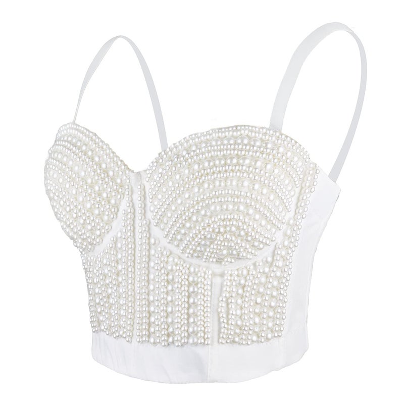 ELLACCI Woment's Pearls Beaded Bustier Crop Top Club Party Sexy Corset Top Bra White Small - Image 1